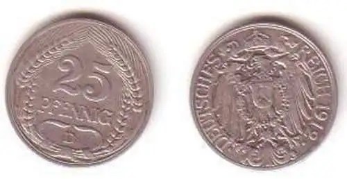 25 Pfennig Nickel Münze Deutsches Reich 1912 D Jäger 18