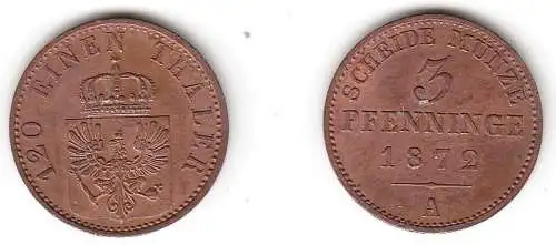 3 Pfennige Kupfer Münze Preussen 1872 A f. vz