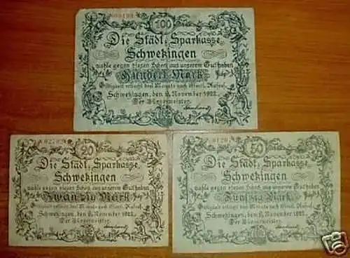 3 Banknoten Notgeld Sparkasse Schwetzingen 1922