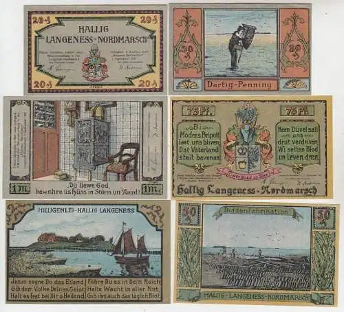 Kompl. Serie mit 6 Banknoten Notgeld Hallig Langeness Nordmarsch 1921