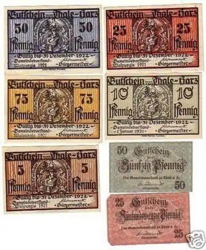 7 Banknoten Notgeld der Stadt Thale Harz 1921