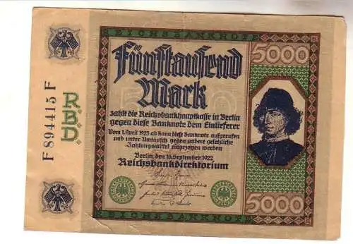 5000 Mark Inflations Banknote 16.9.1922 Rosenberg Nr.76