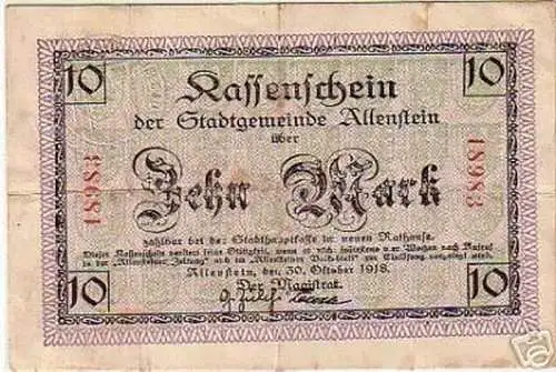 seltene Banknote Notgeld 10 Mark Stadt Allenstein 1918