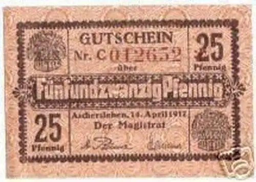 25 Pf Banknote Notgeld Stadt Aschersleben 1917