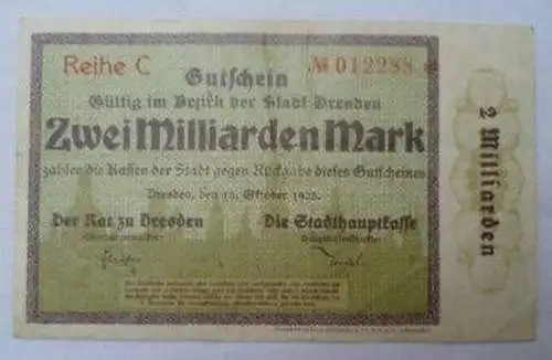 Banknote Inflation Stadt Dresden 2 Milliarden Mark 1923