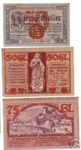 3 Banknoten Notgeld Stadt Kattenberg in Tirol 1920