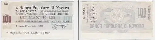 100 Lire Banknote Italien Italia  Banca Populare di Novara 17.11.1976 (153637)