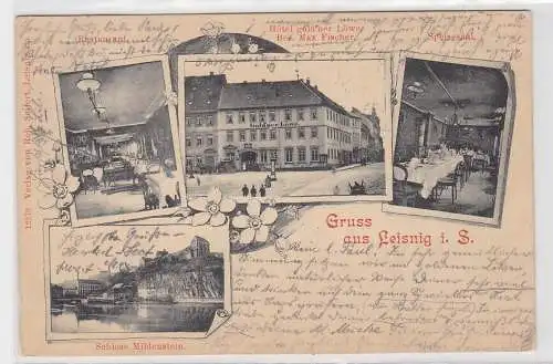 24431 Lithographie Ak Gruss aus Leisnig - Restaurant, Hotel goldener Löwe usw