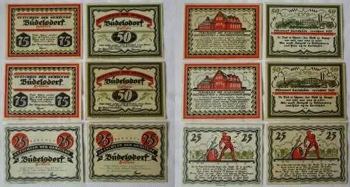 Je 2 x 25, 50 & 75 Pfennig Banknoten Notgeld Gemeinde Büdelsdorf 1921 (129461)