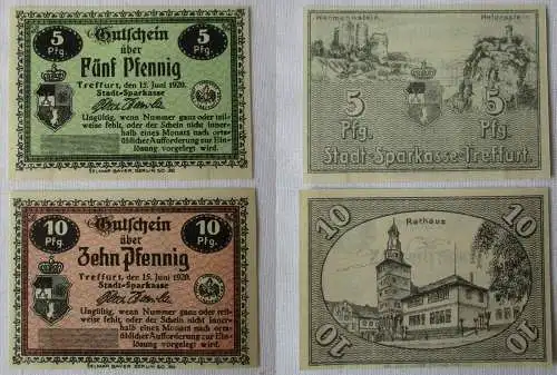 5 & 10 Pfennig Banknote Notgeld Stadt Sparkasse Treffurt 15. Juni 1920 (125288)