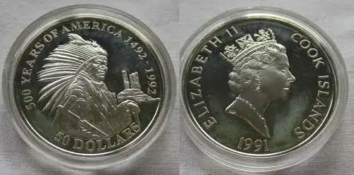 50 Dollar Silbermünze Cook Inseln 500 Jahre Amerika Sitting Bull (156444)