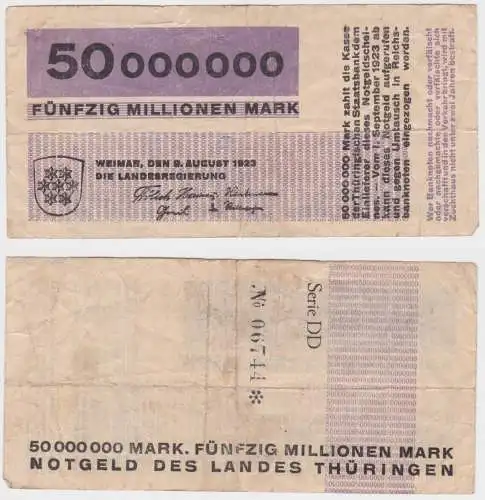 50 Millionen Mark Banknote Landesregierung Weimar 9.8.1923 (159502)