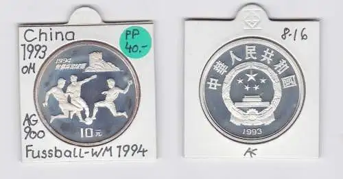 10 Yuan Silber China 1993 Fussball WM 1994, 3 Fussballspieler (133588)