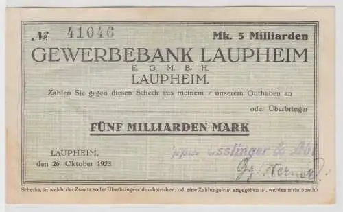 5 Milliarden Mark Banknote Inflation Gewerbebank Laupheim 26.10.1923 (141415)