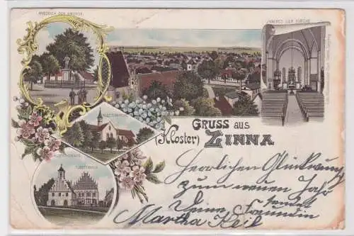 27260 AK Gruss aus Zinna - Fürstenhaus, Klosterkirche, Kriegerdenkmal 1897