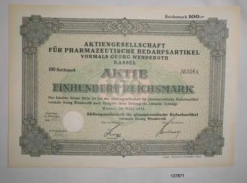 100 Reichsmark Aktie AG für pharmazeutische Bedarfsartikel Kassel 1933 (127871)