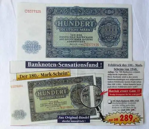 DDR 100 Mark Banknote 1948 Druckfehler Ros.346 F1 KASSENFRISCH ! (167843)