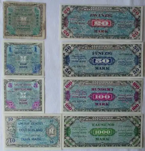 8 Banknoten 1 bis 1000 Mark alliierte Besatzung 1944 (168033)