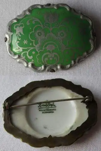 Elegante silberfarbene Brosche mit Porzellan Rosenthal Marktredwitz (167628)