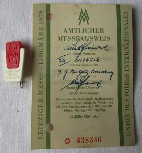 DDR Abzeichen Leipziger Messe Frühjahr 1959 plus Messeausweis (113776)