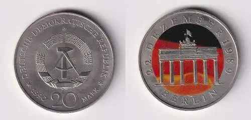 DDR Gedenk Farb Münze 20 Mark Brandenburger Tor 1990 Stempelglanz (134285)