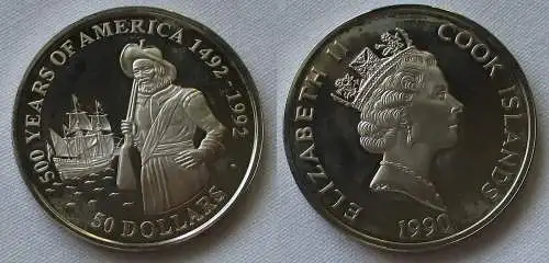 50 Dollar Silbermünze Cook Inseln 1990 500 Jahre Amerika H.Hudson (147327)