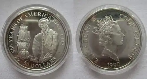 50 Dollar Silbermünze Cook Inseln 1990 500 Jahre Amerika Walter Raleigh (165722)