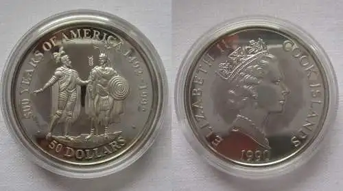 50 Dollar Silbermünze Cook Inseln 1990 500 Jahre Amerika Montezuma (166201)