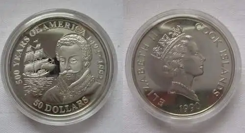 50 Dollar Silbermünze Cook Inseln 1990 500 Jahre Amerika Francis Drake (167825)