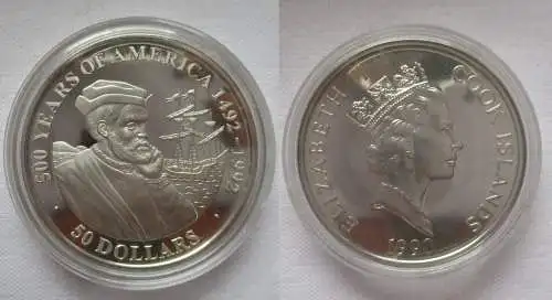 50 Dollar Silbermünze Cook Inseln 1990 500 Jahre Amerika Cartier Schiff (167768)