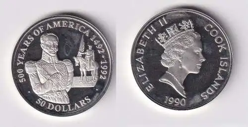 50 Dollar Silbermünze Cook Inseln 1990 500 Jahre Amerika Simon Bolivar (144665)