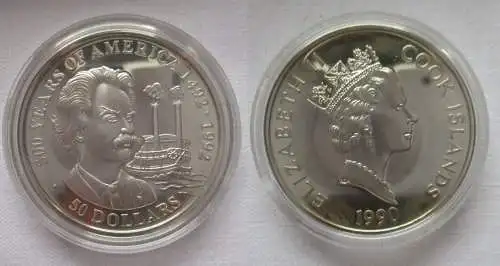 50 Dollar Silbermünze Cook Inseln 1990 500 Jahre Amerika Marc Twain (165237)