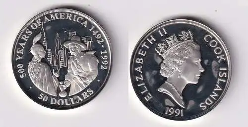 50 Dollar Silbermünze Cook Inseln 1991 500 J. Amerika Indianer Siedler (141455)