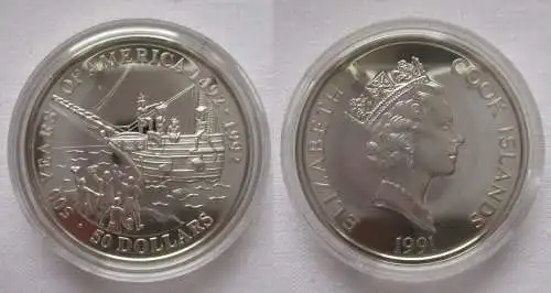 50 Dollar Silbermünze Cook Inseln 1991 500 Jahre Amerika Segelschiff (163504)