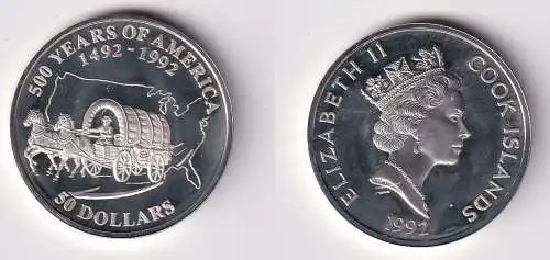 50 Dollar Silbermünze Cook Inseln 1992 500 Jahre Amerika Planwagen (143069)