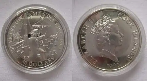 50 Dollar Silbermünze Cook Inseln 1992 500 Jahre Amerika Behring (167798)