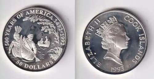 50 Dollar Silbermünze Cook Inseln 1993 500 Jahre Amerika J. Marquette (149099)