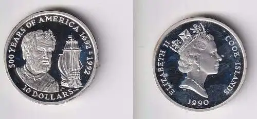 10 Dollar Silbermünze Cook Inseln 1990 500 Jahre Amerika Schiff Vespucci (149342