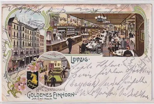 55293 Ak Lithographie Leipzig Hotel & Restaurant Goldenes Einhorn 1908