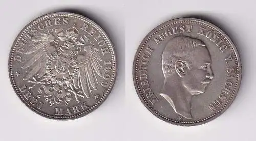 3 Mark Silbermünze Sachsen König Friedrich August 1909 Jäger 135 Stgl. (128243)