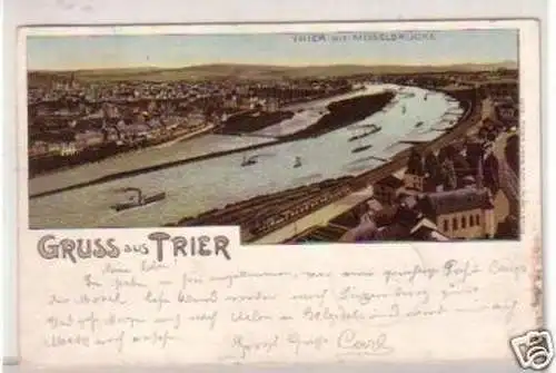 34519 Ak Lithographie Gruß aus Trier Moselbrücke 1900