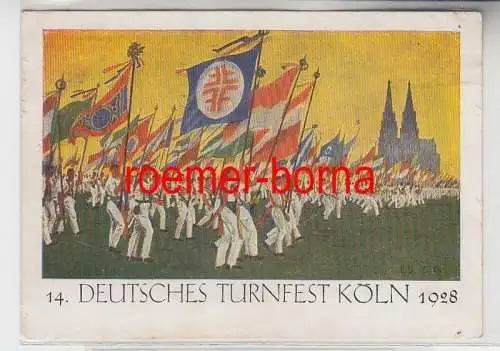 04425 Künstler Ak 14. Deutsches Turnfest Köln Fahnenaufmarsch im Stadion 1928