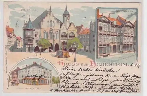 91823 AK Gruss aus Hildesheim Wiener Café, Rathaus & Mittelalterliches Haus 1899