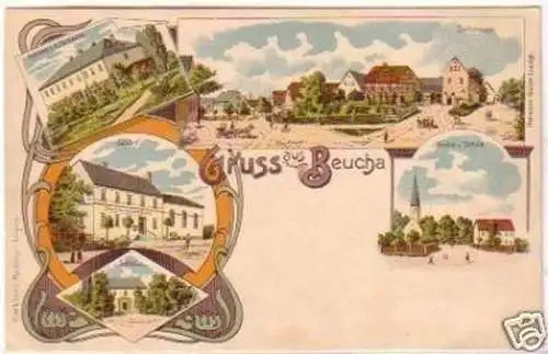 23204 Lithografie Gruss aus Beucha Dorfstr. usw um 1900