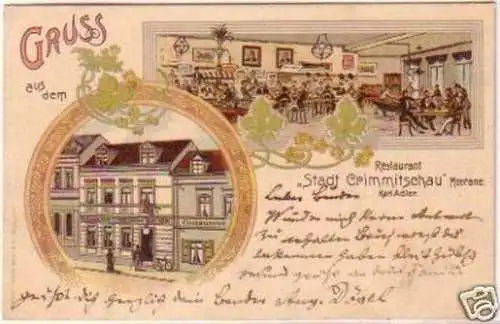 23194 Lithografie Gruss aus Meerane Restaurant 1904