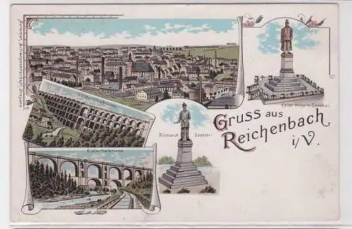 90717 Lithografie AK Gruss aus Reichenbach i.V. - Denkmal, Elsterthalbrücke