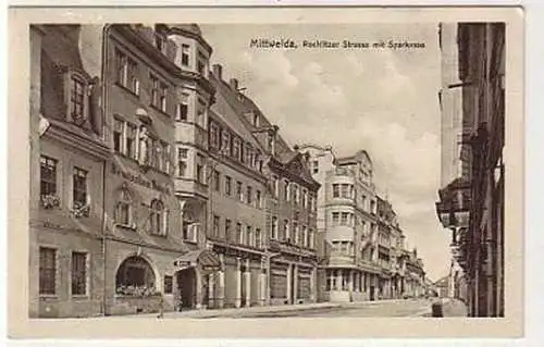 37450 Ak Mitttweida Rochlitzer Straße mit Sparkasse1913