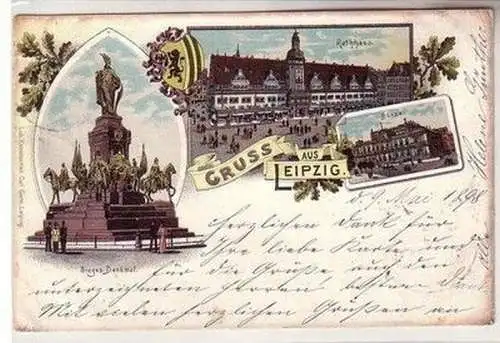 58952 Ak Lithographie Gruß aus Leipzig Siegesdenkmal, Börse Rathaus 1898