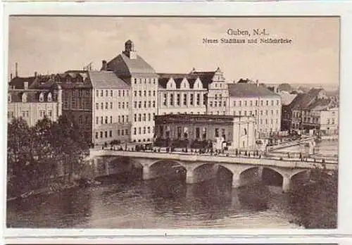 36121 Guben N.-L. Neues Stadthaus u. Neißebrücke um1920