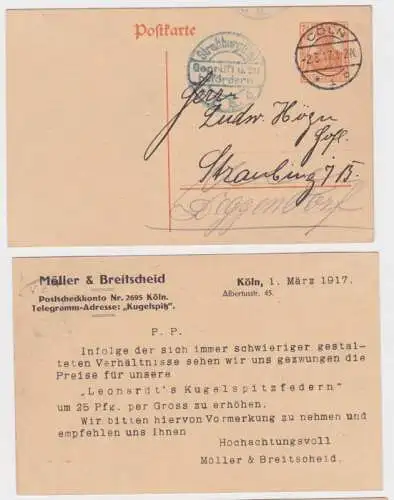 36950 DR Ganzsachen Postkarte P110 Zudruck Möller & Breitscheid Köln 1917